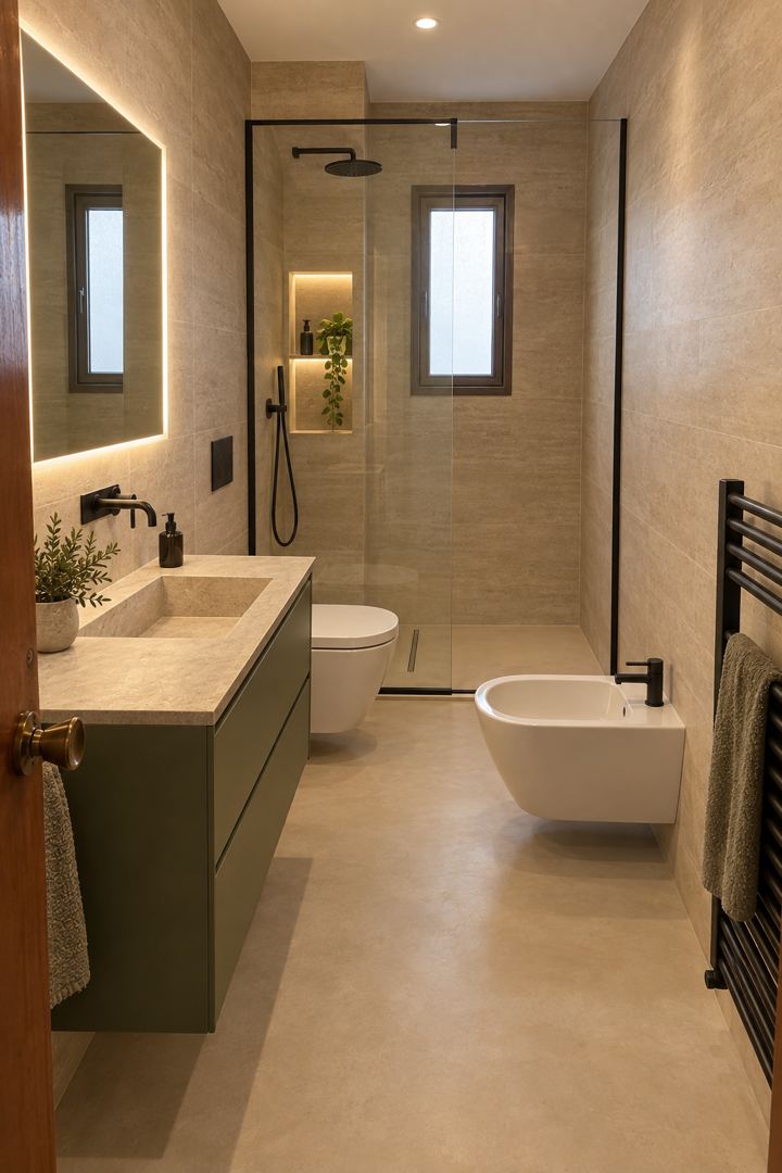 Baño después de la reforma: Travertino y verde oliva