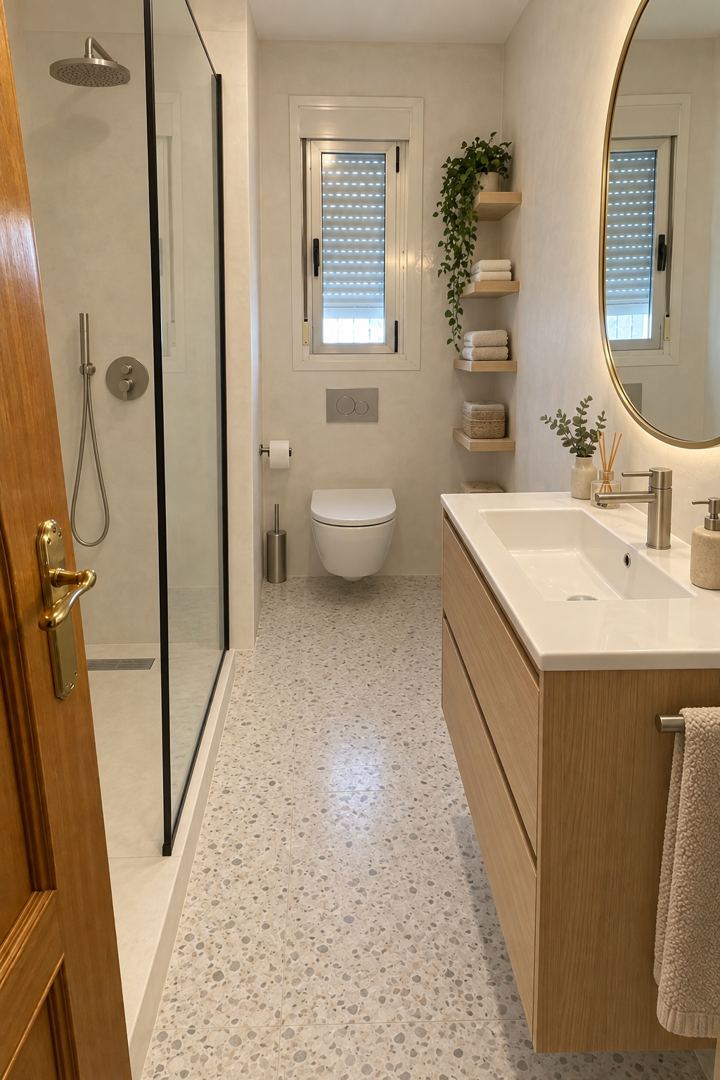 Baño después de la reforma: Nórdico de terrazo y roble