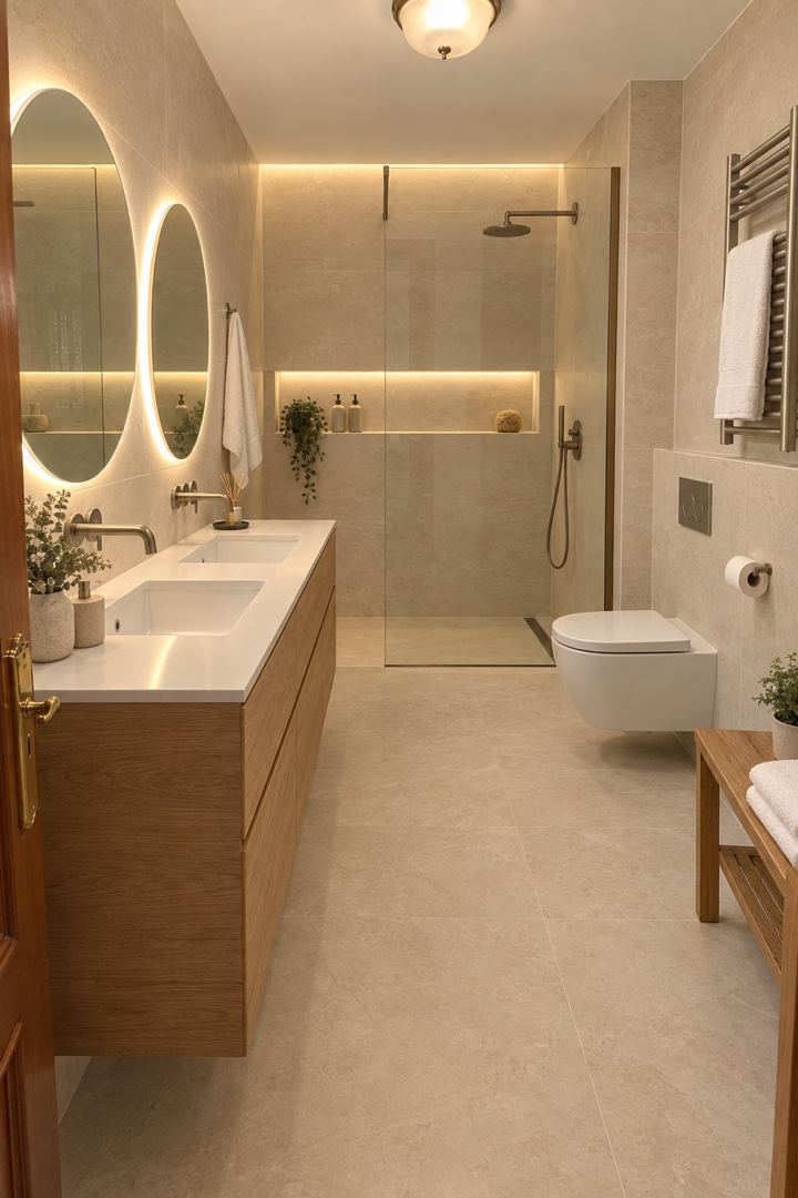 Baño después de la reforma: Piedra caliza y roble