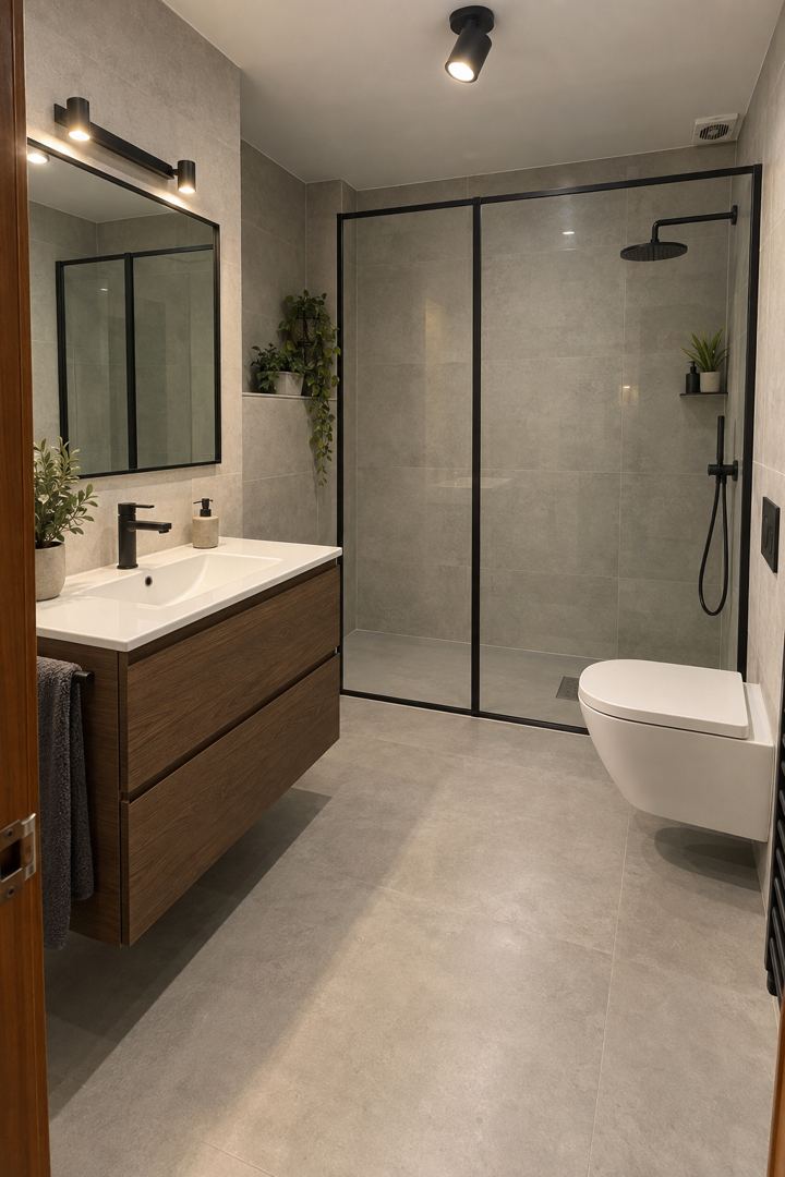 Baño después de la reforma: Cemento y madera, aire industrial