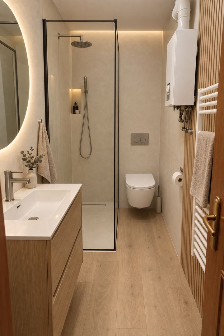 Baño después de la reforma: Japandi en un baño estrecho