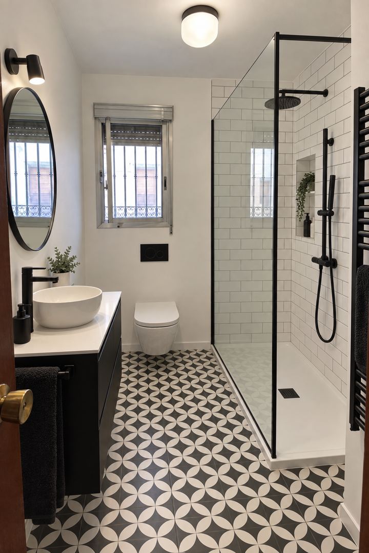 Baño después de la reforma: Blanco y negro con suelo hidráulico