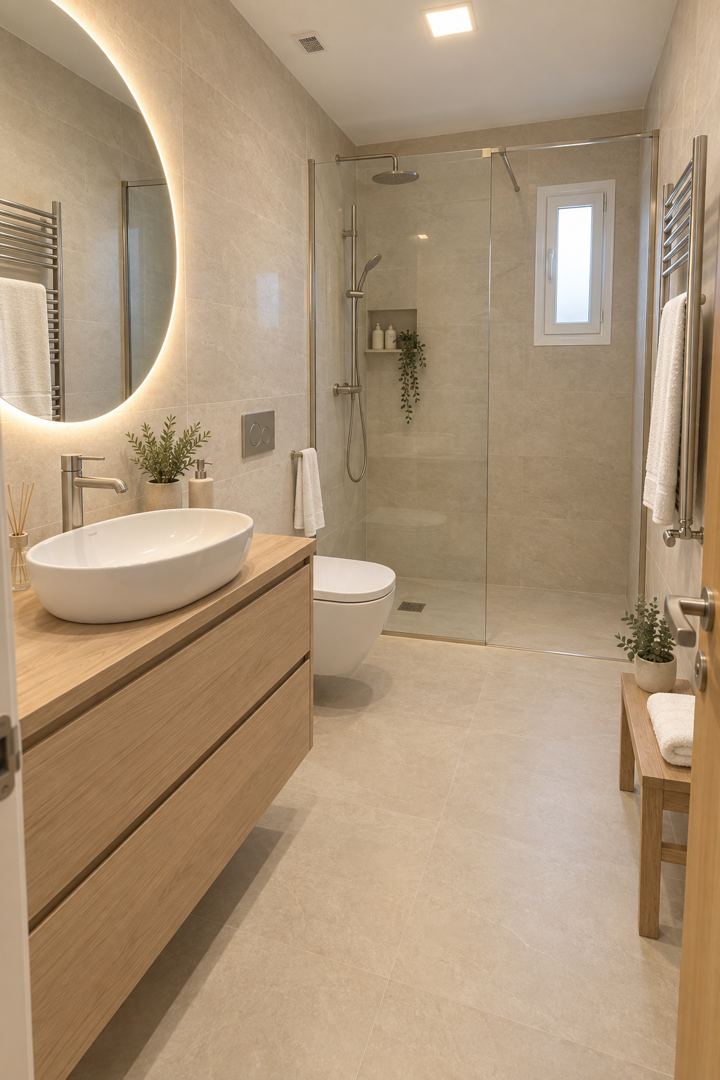 Baño después de la reforma: Caliza y roble blanqueado